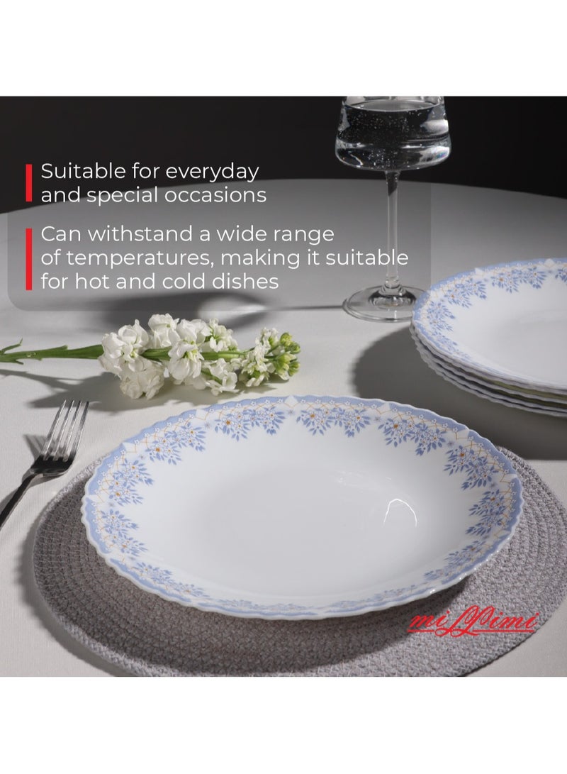 19-Piece Opal Glass Dinner Set with Blue Floral Pattern, 6 Dinner Plates 24cm, 6 Soup Bowls 19cm, 6 Side Plates 19cm, 1 Serving Bowl 23cm, Dishwasher Safe