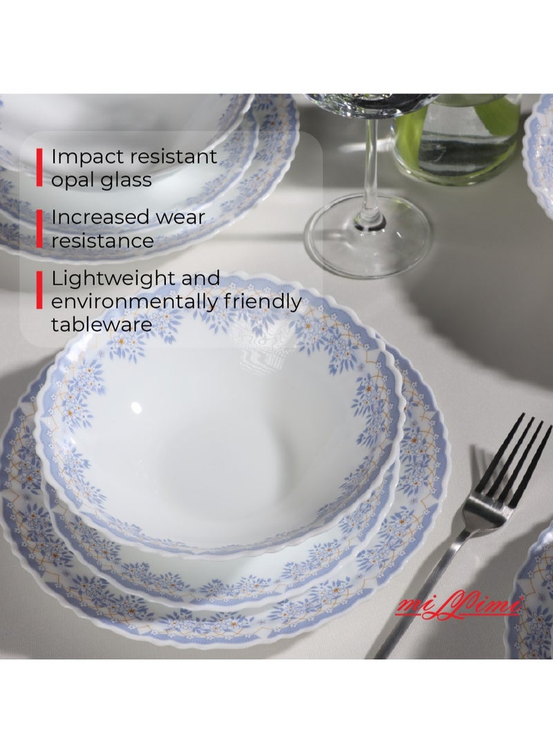 19-Piece Opal Glass Dinner Set with Blue Floral Pattern, 6 Dinner Plates 24cm, 6 Soup Bowls 19cm, 6 Side Plates 19cm, 1 Serving Bowl 23cm, Dishwasher Safe