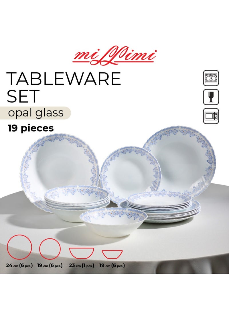 19-Piece Opal Glass Dinner Set with Blue Floral Pattern, 6 Dinner Plates 24cm, 6 Soup Bowls 19cm, 6 Side Plates 19cm, 1 Serving Bowl 23cm, Dishwasher Safe