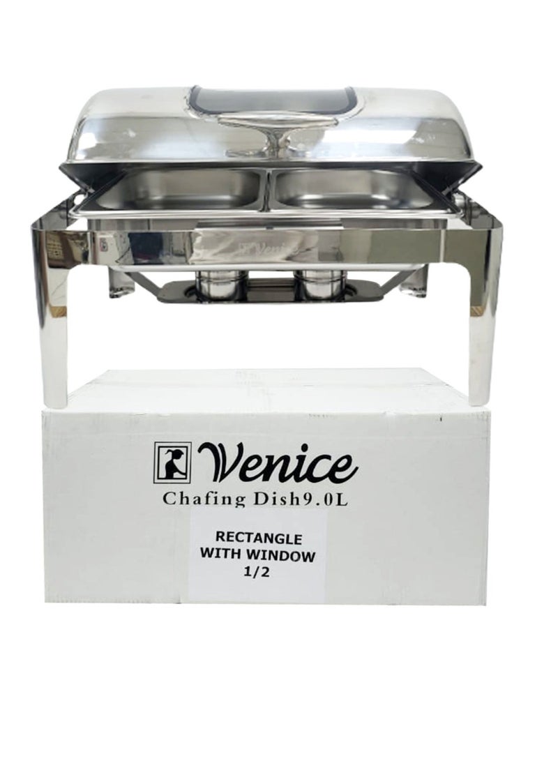 Roll Top Chafing Dish  With Window  Double Compartment Silver 9 Ltr