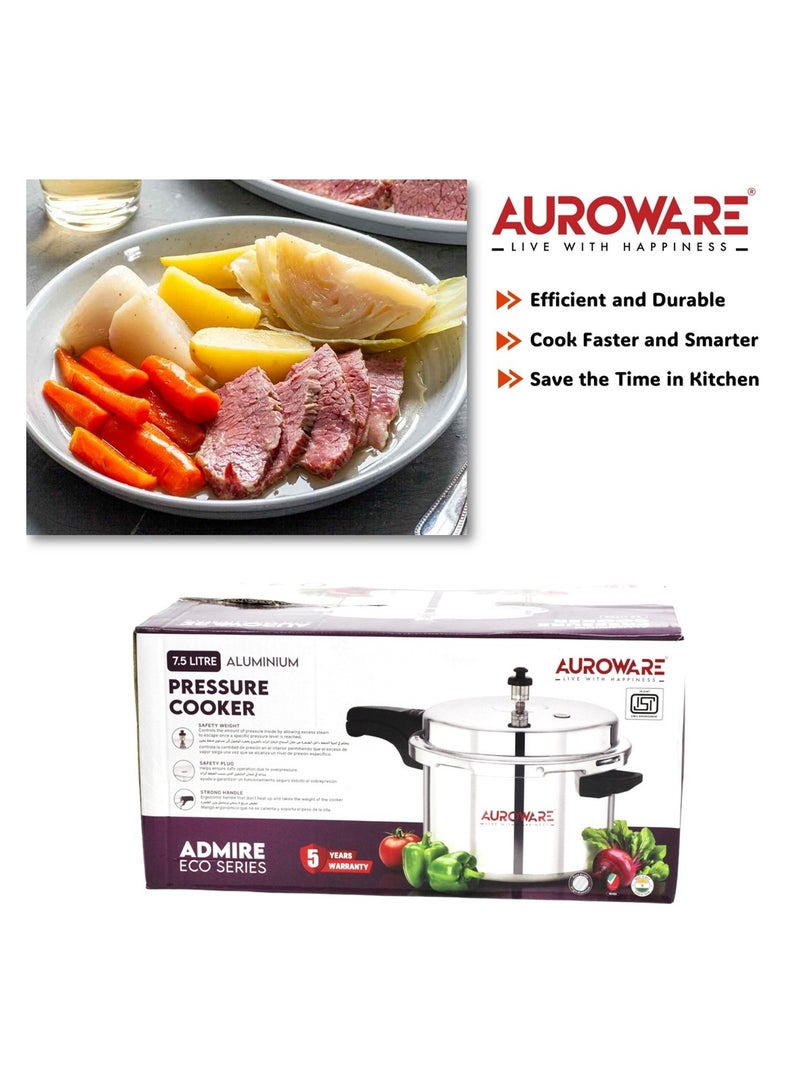 Auroware 7.5 Ltr Pressure Cooker Heavy Duty Aluminium with lid Strong Handle Save Energy Time Safety Valves Dishwasher safe