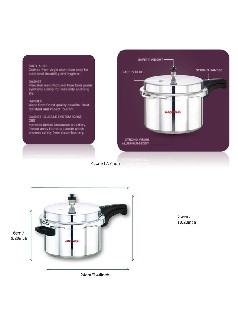 Auroware 7.5 Ltr Pressure Cooker Heavy Duty Aluminium with lid Strong Handle Save Energy Time Safety Valves Dishwasher safe