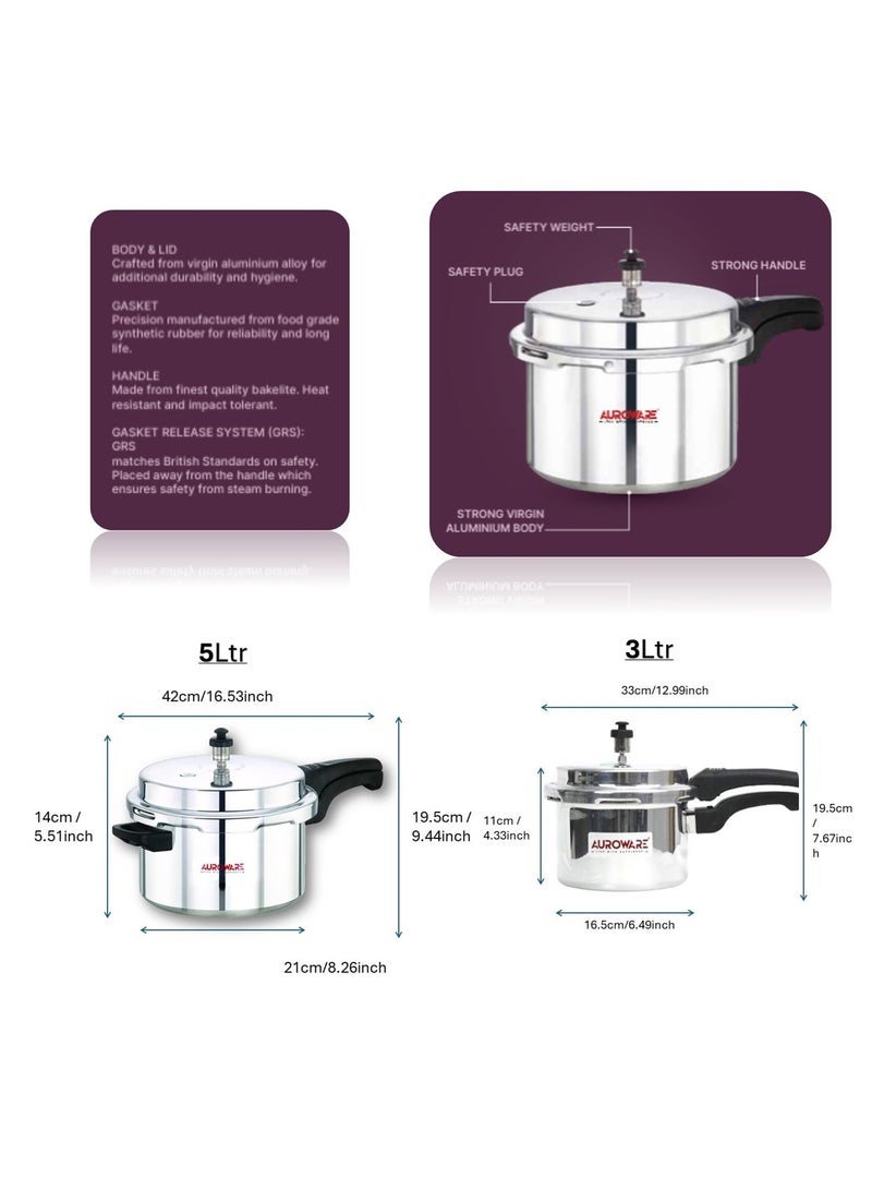 Auroware 5 and 3 Liter Aluminium Pressure Cooker Strong Handle Heavy Duty Comfortable for Chicken, Rice, Beef and Mor