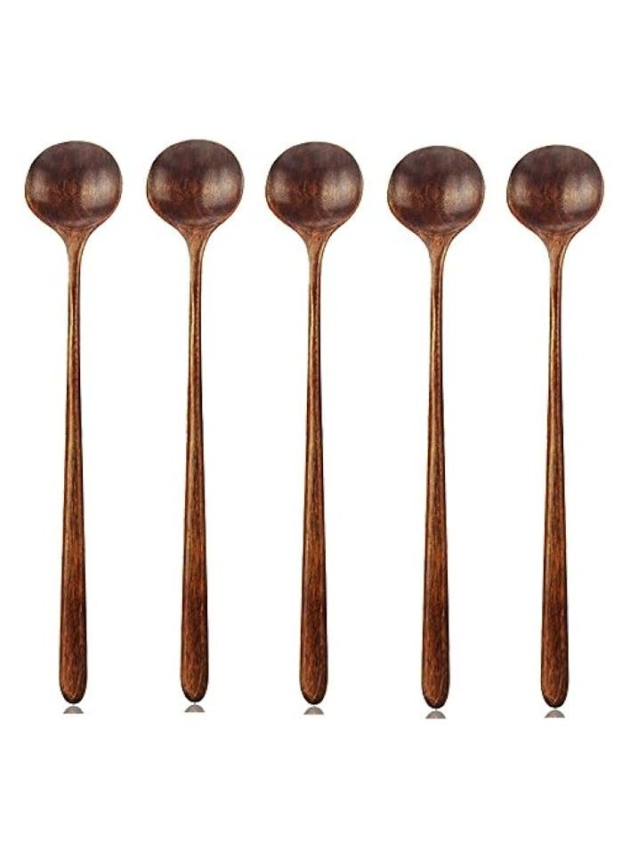 Long Spoons Wooden, 5 Pieces Korean Style 10.9 inches 100% Natural Wood Long Handle Round Spoons for Soup Cooking Mixing Stirrer Mukbang Kitchen Tools