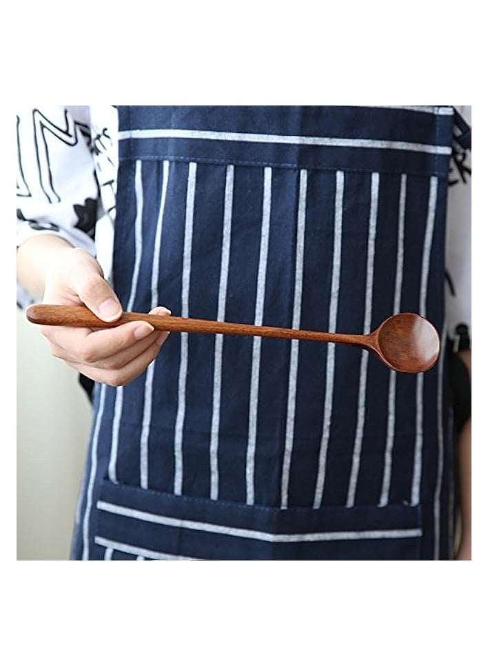 Long Spoons Wooden, 5 Pieces Korean Style 10.9 inches 100% Natural Wood Long Handle Round Spoons for Soup Cooking Mixing Stirrer Mukbang Kitchen Tools