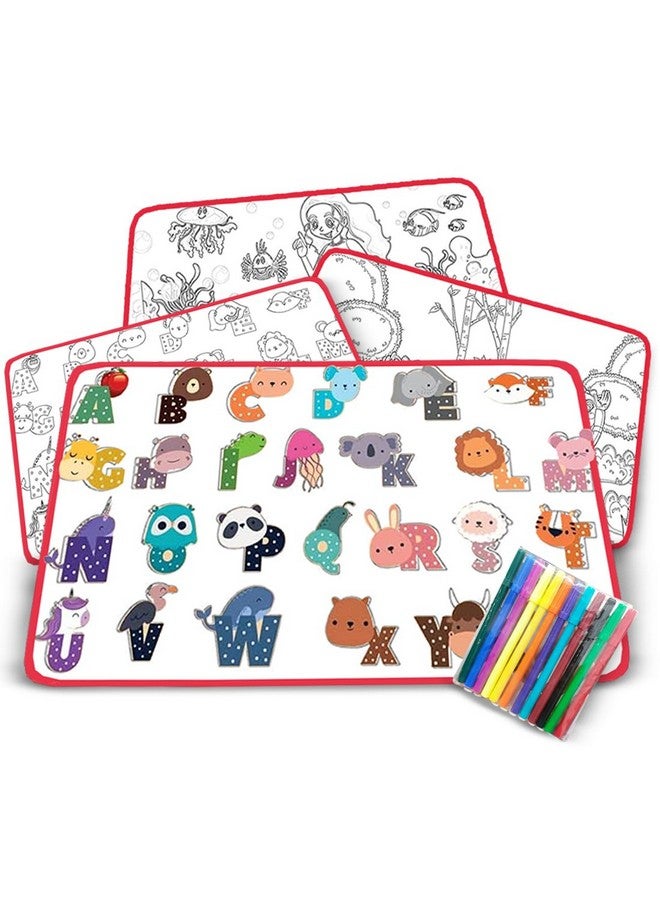 3-In-1 Coloring Mat For Kids Diy Educational Toys Activity Coloring For Boys Girls 3+ Ages With Large Size 3 Reusable Mats & 12 Sketch Pens Foldable Non-Woven Mat