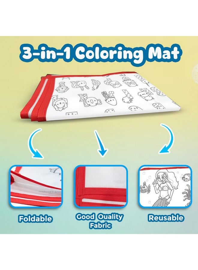 3-In-1 Coloring Mat For Kids Diy Educational Toys Activity Coloring For Boys Girls 3+ Ages With Large Size 3 Reusable Mats & 12 Sketch Pens Foldable Non-Woven Mat