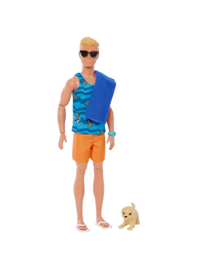 KenDoll With Surfboard And Pet Puppy, Poseable Blonde KenBeach Doll With Themed Accessories Like Towel