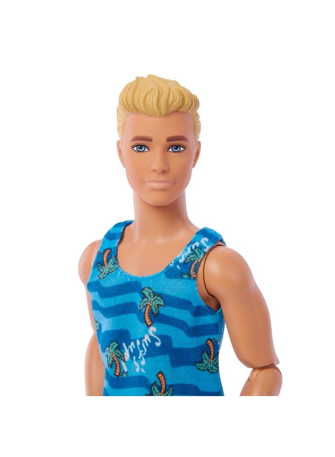 KenDoll With Surfboard And Pet Puppy, Poseable Blonde KenBeach Doll With Themed Accessories Like Towel