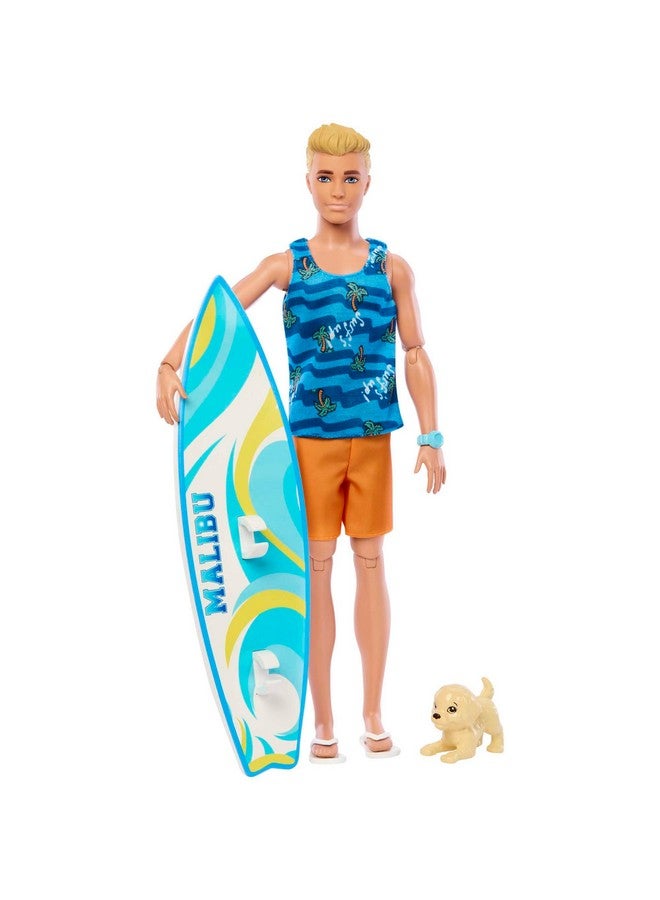 KenDoll With Surfboard And Pet Puppy, Poseable Blonde KenBeach Doll With Themed Accessories Like Towel