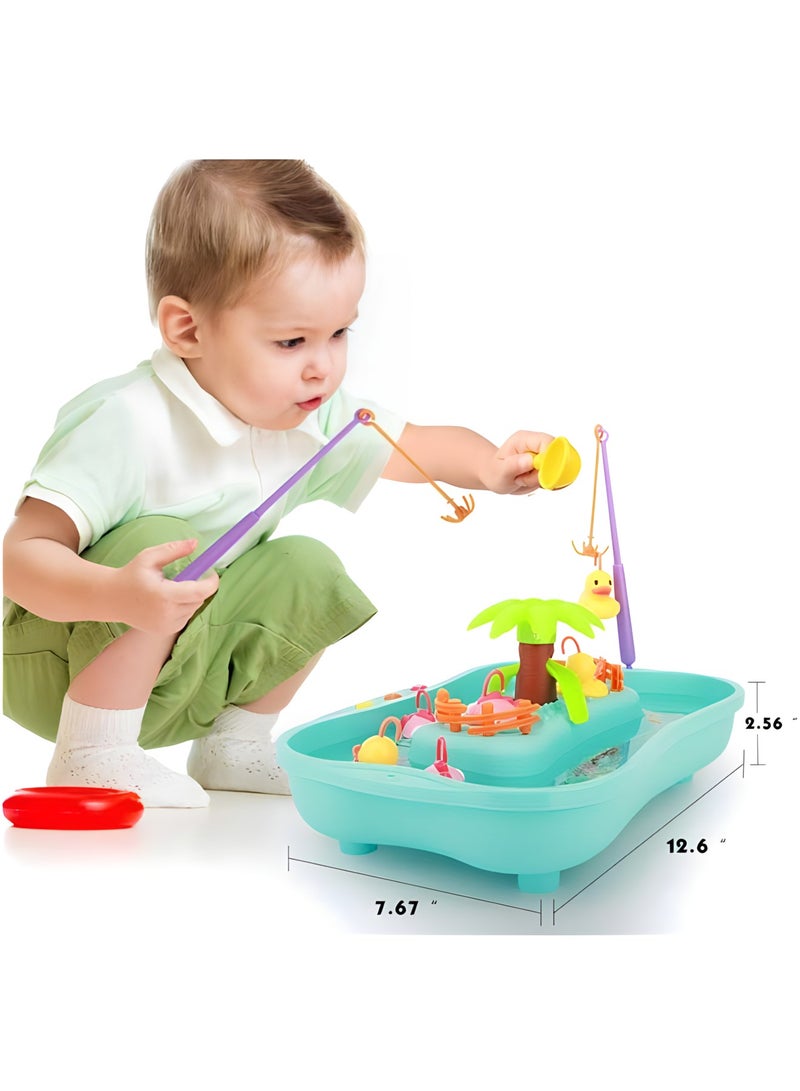 Fishing Game Toy Set, Music Water Table Floating Fish and Ducks with Swirl Water Pond and Fishing Pole Water Play Set(Blue)