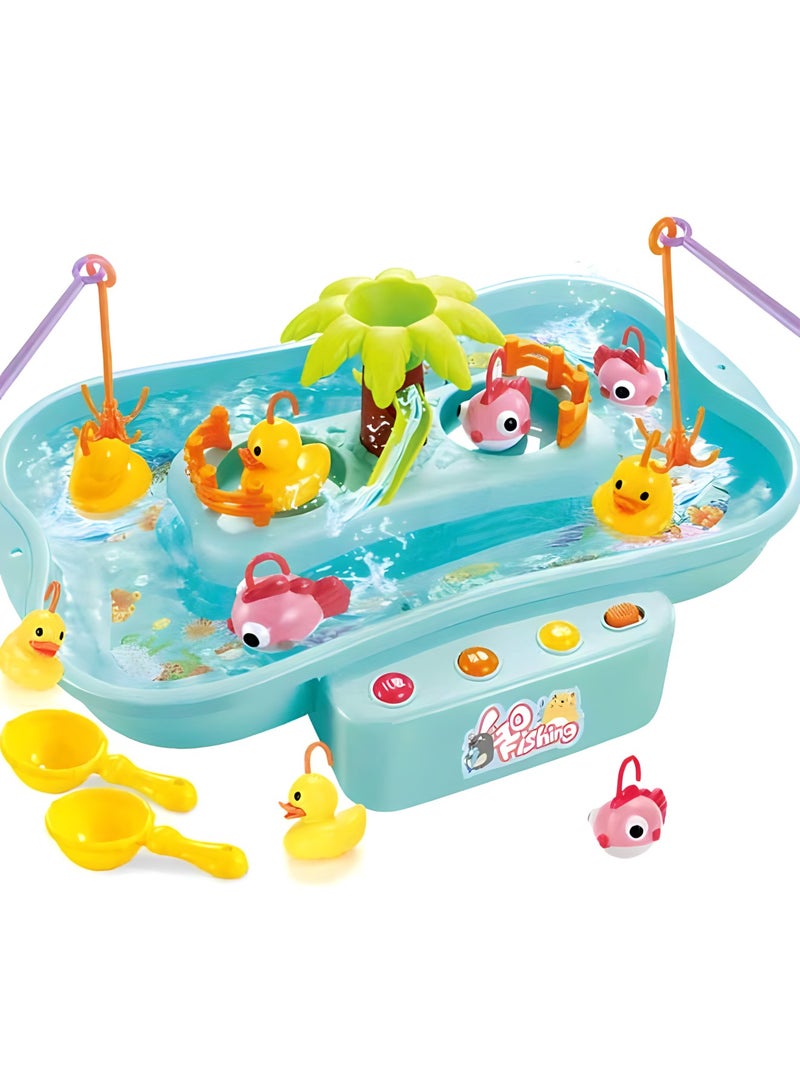 Fishing Game Toy Set, Music Water Table Floating Fish and Ducks with Swirl Water Pond and Fishing Pole Water Play Set(Blue)