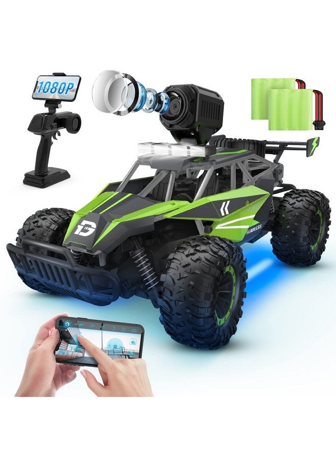 De65 Remote Control Car With 1080P Hd Camera,1:16 Scale Rc Cars With Led Chassis Light&Headlights, 2.4Ghz High Speed Monster Truck Toy Vehicle, 2 Batteries For 60 Mins Play, Gift For Kids Boys