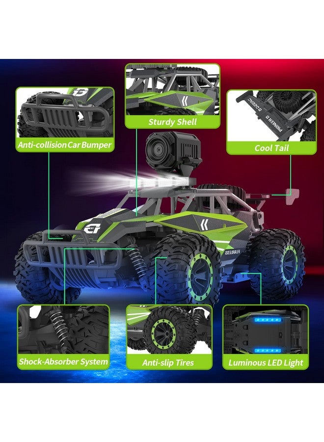 De65 Remote Control Car With 1080P Hd Camera,1:16 Scale Rc Cars With Led Chassis Light&Headlights, 2.4Ghz High Speed Monster Truck Toy Vehicle, 2 Batteries For 60 Mins Play, Gift For Kids Boys