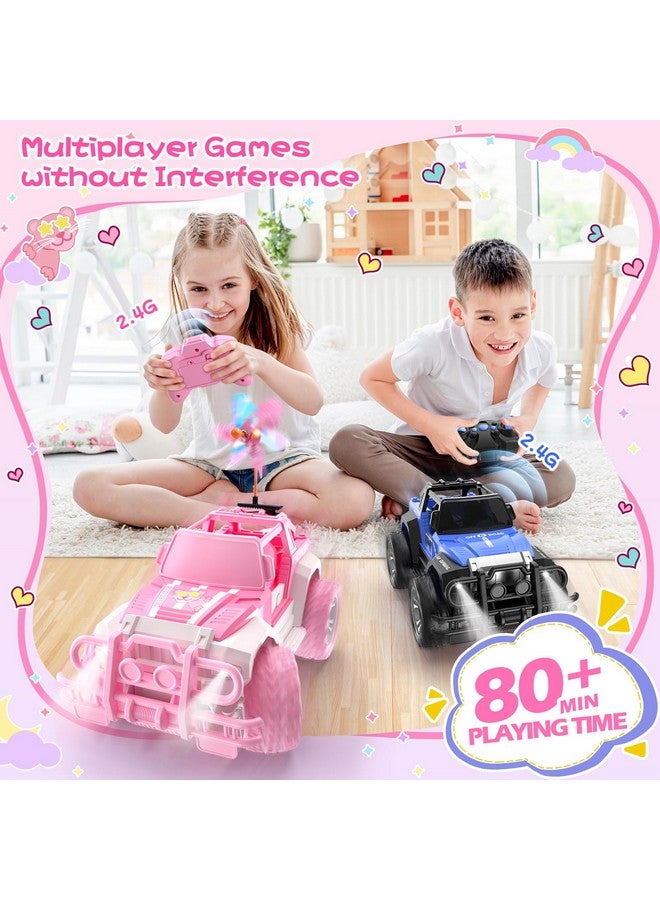 Pink Rc Cars With 2 Windmills 1:18 Remote Control Car For Girls 80 Min Play 2.4Ghz Led Light Auto Mode Off Road Rc Trucks With Storage Case All Terrain Suv Jeep Cars Toys Gifts For Kids Boys