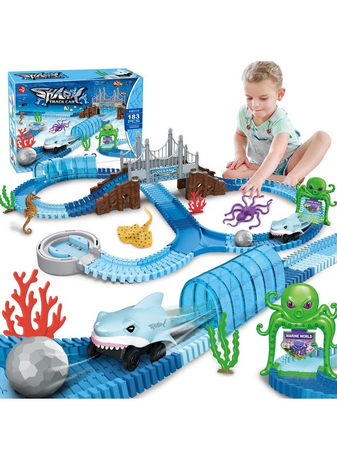 Track Toys 183 Pcs Shark Race Car Toys For Boys Girls 3 4 5 6 7 9 Year, Bendable Flexible Racetrack Cars With Shark & Ball, Ocean Theme Train Toys, Stem Educational Playset Birthday Gift