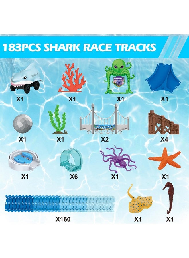 Track Toys 183 Pcs Shark Race Car Toys For Boys Girls 3 4 5 6 7 9 Year, Bendable Flexible Racetrack Cars With Shark & Ball, Ocean Theme Train Toys, Stem Educational Playset Birthday Gift