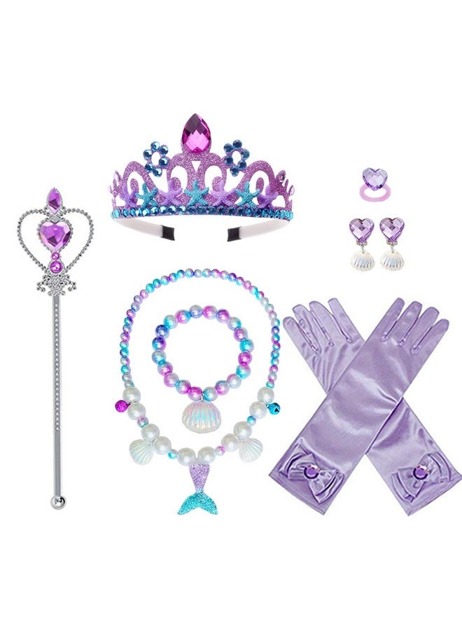 Princess Mermaid Costume Dress Up Accessories For Girls Mermaid Gloves Tiara Crown Necklace Wand Earrings Bracelet Ring Princess Halloween Cosplay Accessories Christmas Gifts Set (Purple Mermaid)