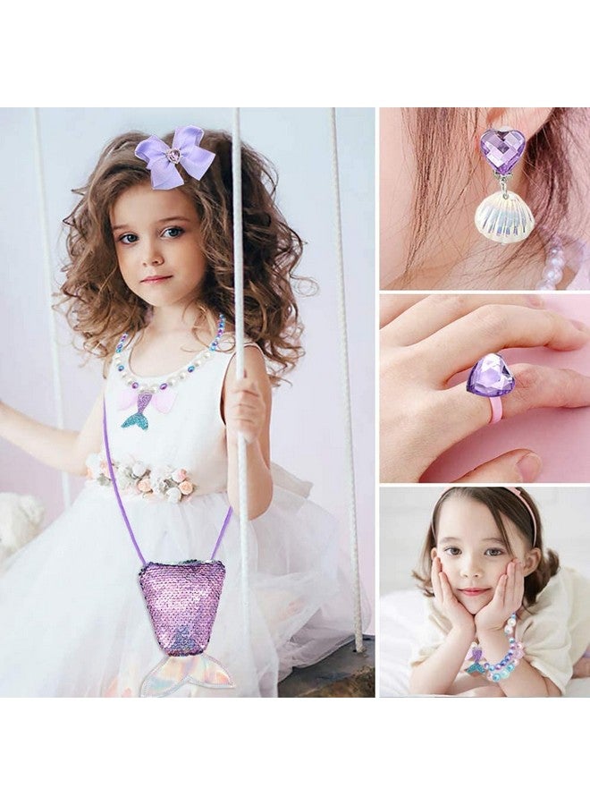 Princess Mermaid Costume Dress Up Accessories For Girls Mermaid Gloves Tiara Crown Necklace Wand Earrings Bracelet Ring Princess Halloween Cosplay Accessories Christmas Gifts Set (Purple Mermaid)