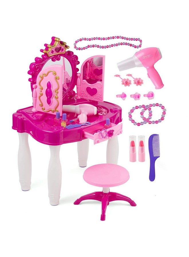 Kids Makeup Table With Mirror And Chair, Princess Play Set, Kids Makeup Vanity Table With Makeup Accessories And Light And Musical Sound Effects For Toddler Girls (Plastic)