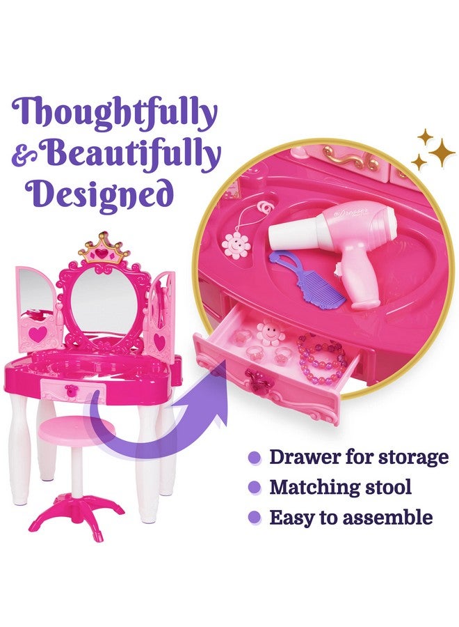 Kids Makeup Table With Mirror And Chair, Princess Play Set, Kids Makeup Vanity Table With Makeup Accessories And Light And Musical Sound Effects For Toddler Girls (Plastic)