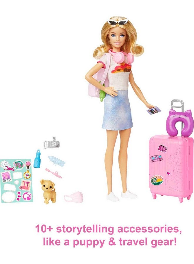 Doll And Accessories, “Malibu” Travel Set With Puppy And 10+ Pieces Including Working Suitcase