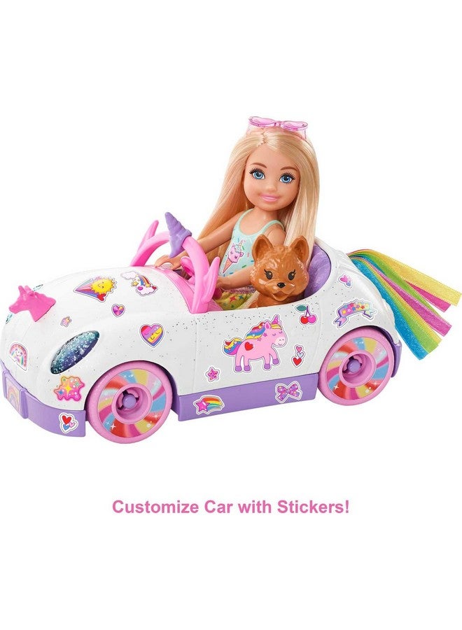 Club Chelsea Doll (6-Inch Blonde) With Open-Top Rainbow Unicorn-Themed Car, Pet Puppy, Sticker Sheet & Accessories, Gift For Ages 3 And Up