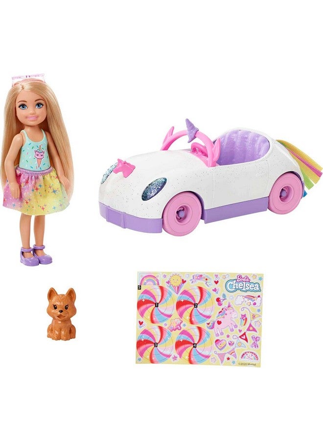 Club Chelsea Doll (6-Inch Blonde) With Open-Top Rainbow Unicorn-Themed Car, Pet Puppy, Sticker Sheet & Accessories, Gift For Ages 3 And Up