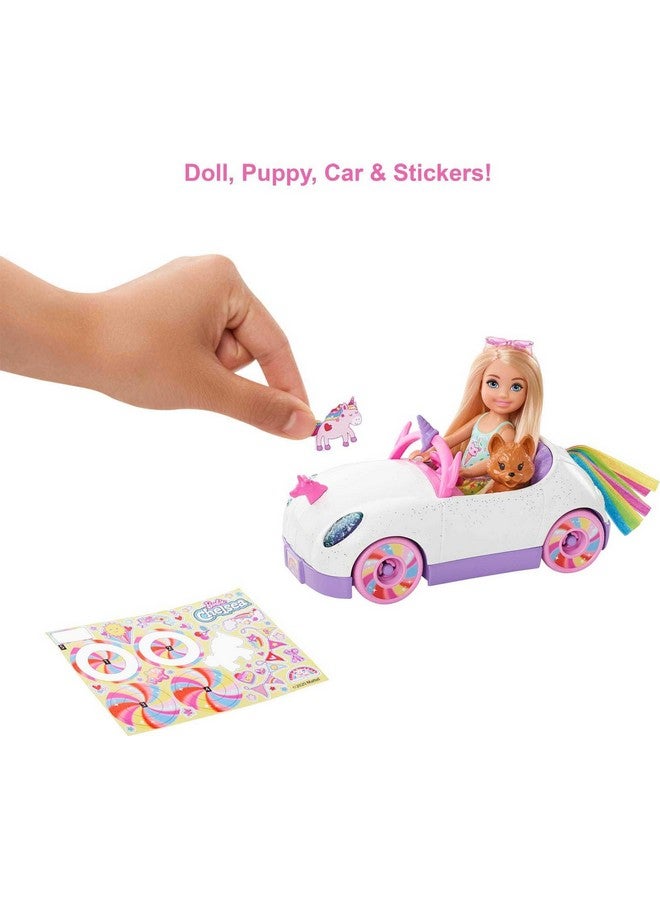 Club Chelsea Doll (6-Inch Blonde) With Open-Top Rainbow Unicorn-Themed Car, Pet Puppy, Sticker Sheet & Accessories, Gift For Ages 3 And Up