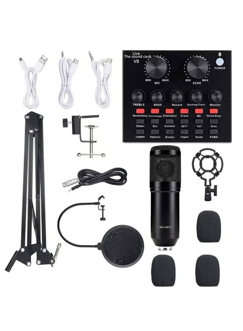 Podcast Equipment Set, BM-800 Mic Kit with V8 Live Sound Card, Condenser PC Gaming Mic with Professional Audio Mixer, Prefect for Streaming, Computer, Singing, Youtube, Recording (BLACK)