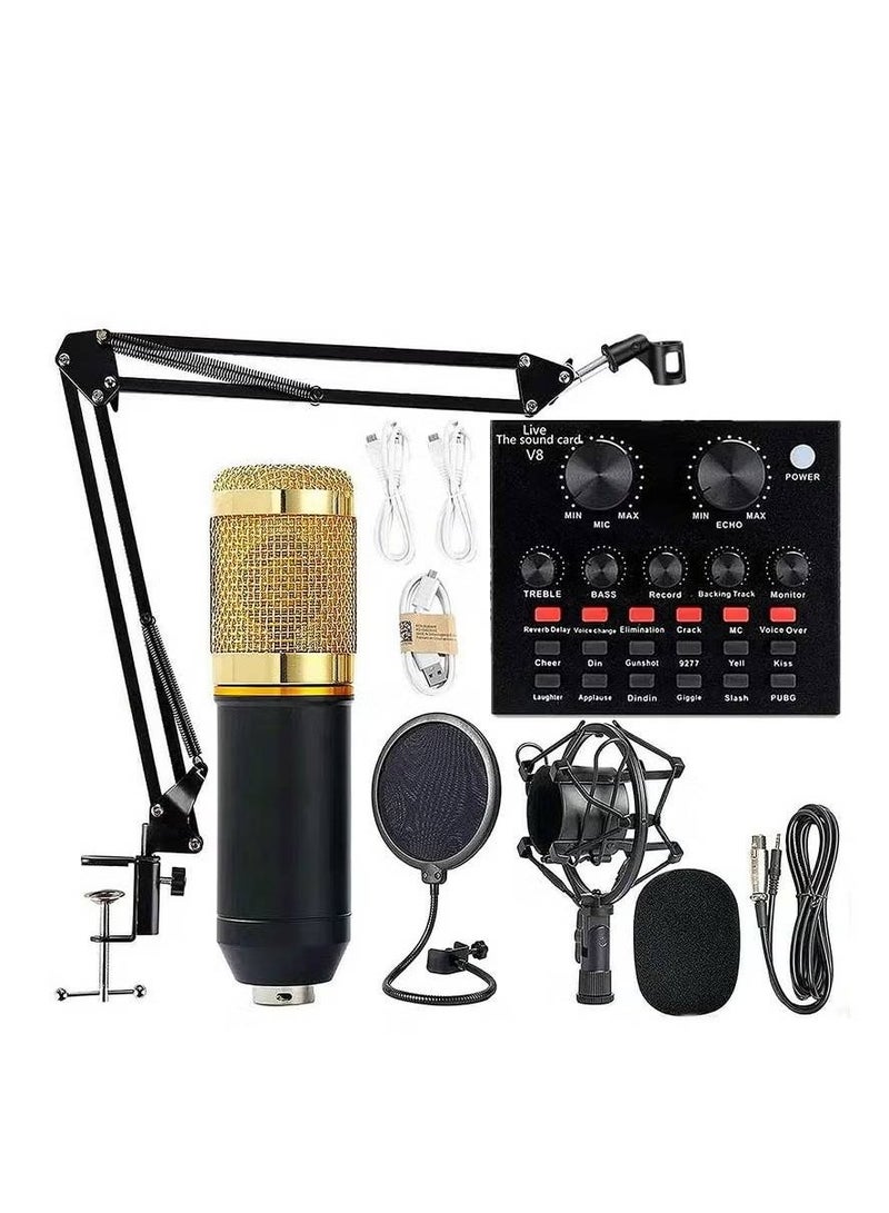 V8 Sound Card With Bm-800 Condenser Microphone Mic Kit With Live Sound Card Adjustable Mic Suspension Scissor Arm Metal Shock Mount And Double-Layer