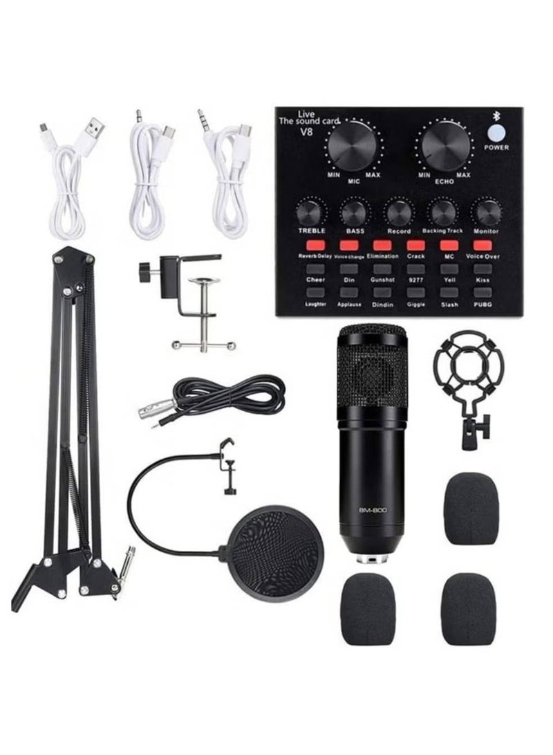 Podcast Equipment Set, BM-800 Mic Kit with V8 Live Sound Card, Condenser PC Gaming Mic with Professional Audio Mixer, Prefect for Streaming, Computer, Singing, Youtube, Recording (BLACK)