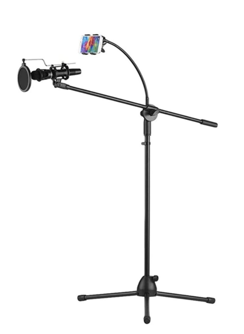 Height Angle Adjustable Floor Standing Tripod Stand – Includes Mic Clip & Phone Holder, Black