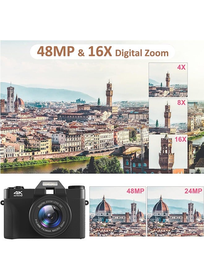 Digital Cameras for Photography, 4K 48MP Vlogging Camera with WiFi,16X Digital Zoom Autofocus Students Compact Camera with 52mm Wide-Angle Lens & Macro Lens, 32G Micro Card and 2 Batteries