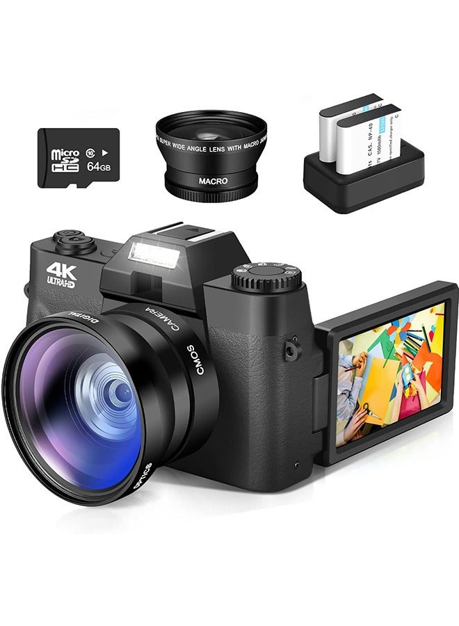 Digital Cameras for Photography, 4K 48MP Vlogging Camera with WiFi,16X Digital Zoom Autofocus Students Compact Camera with 52mm Wide-Angle Lens & Macro Lens, 32G Micro Card and 2 Batteries