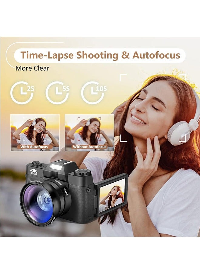 Digital Cameras for Photography, 4K 48MP Vlogging Camera with WiFi,16X Digital Zoom Autofocus Students Compact Camera with 52mm Wide-Angle Lens & Macro Lens, 32G Micro Card and 2 Batteries