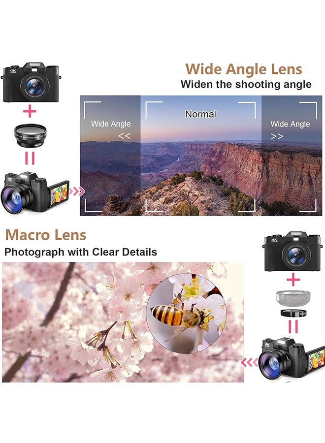 Digital Cameras for Photography, 4K 48MP Vlogging Camera with WiFi,16X Digital Zoom Autofocus Students Compact Camera with 52mm Wide-Angle Lens & Macro Lens, 32G Micro Card and 2 Batteries