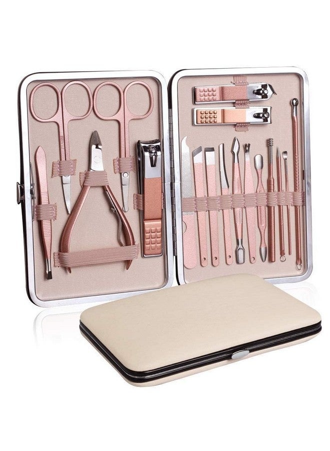 Manicure Set 18 In 1 Professional Pedicure Set Nail Scissors Grooming Kit With Leather Travel Case Pink