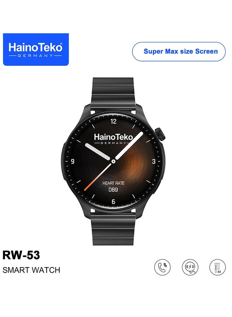 Haino Teko RW53 Smartwatch With Super Max Size AMOLED Display 3 Pair Straps and Charging Cable Designed For Men Black