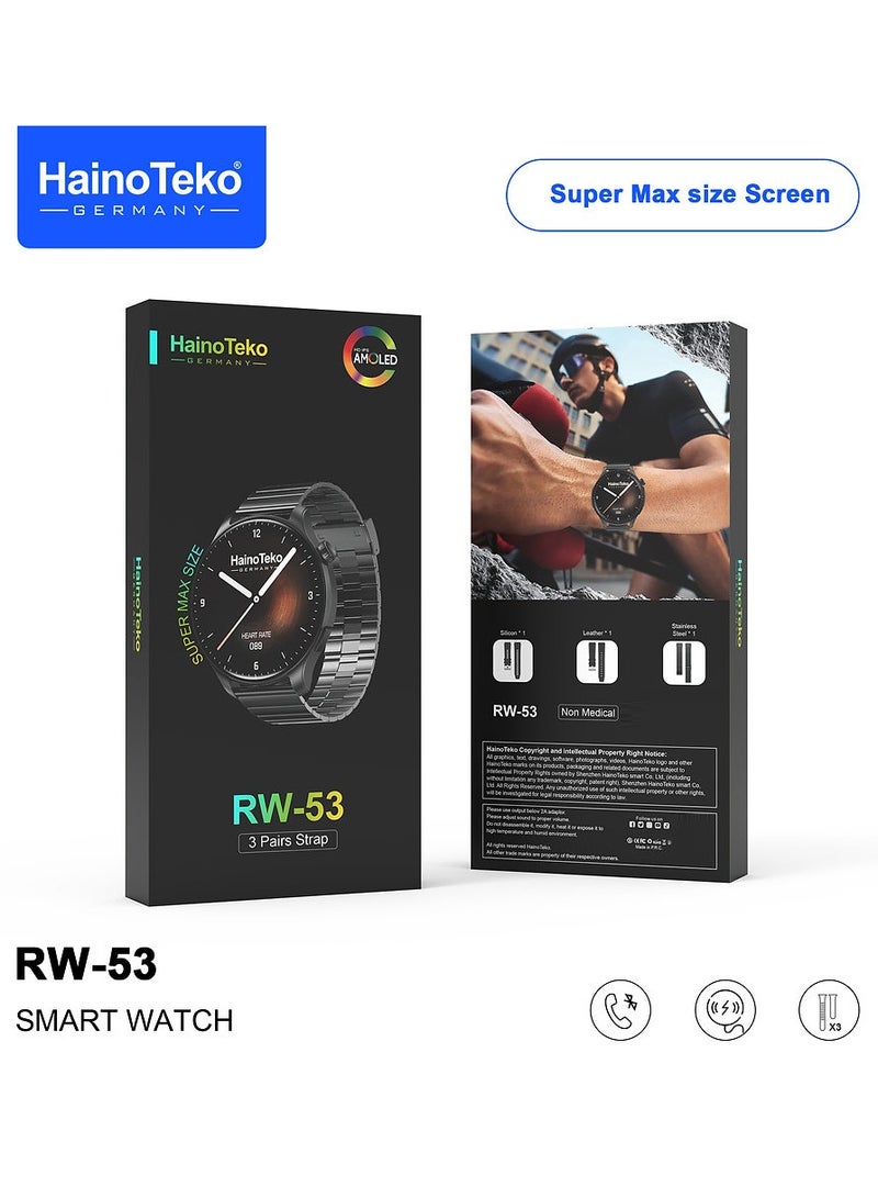 Haino Teko RW53 Smartwatch With Super Max Size AMOLED Display 3 Pair Straps and Charging Cable Designed For Men Black