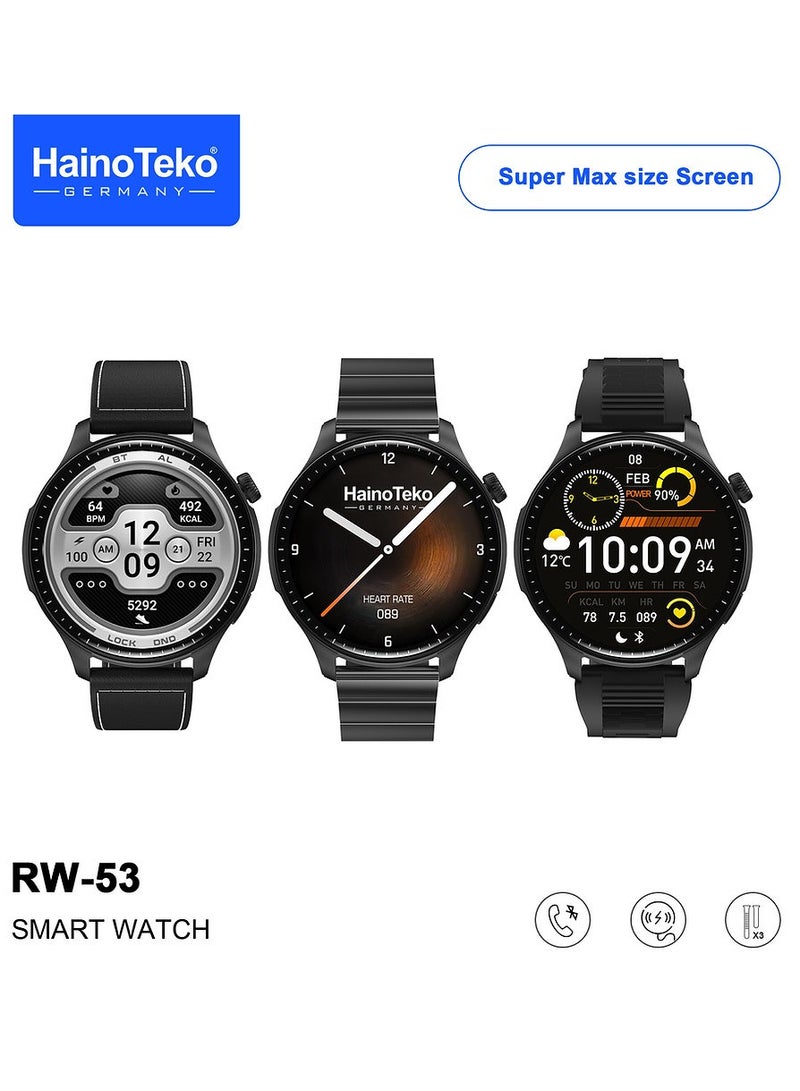 Haino Teko RW53 Smartwatch With Super Max Size AMOLED Display 3 Pair Straps and Charging Cable Designed For Men Black