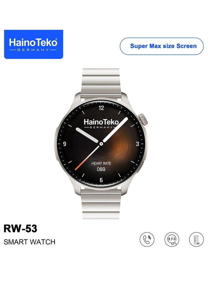 Haino Teko RW53 Smartwatch With Super Max Size AMOLED Display 3 Pair Straps and Charging Cable Designed For Men Silver