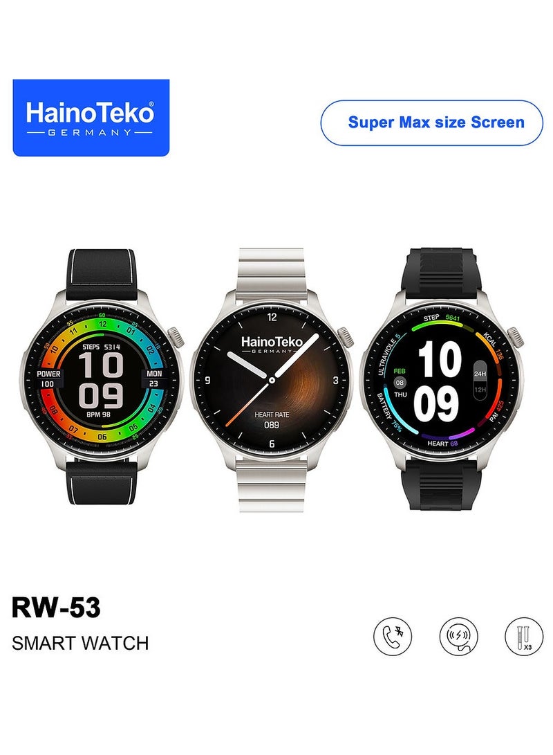 Haino Teko RW53 Smartwatch With Super Max Size AMOLED Display 3 Pair Straps and Charging Cable Designed For Men Silver