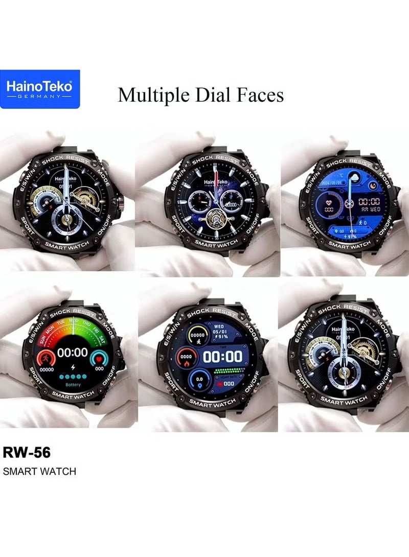 Germany RW56 Round Shape AMOLED Display Smart Watch With 3 Pair Straps And Wireless Charger Designed For Men And Boys Black