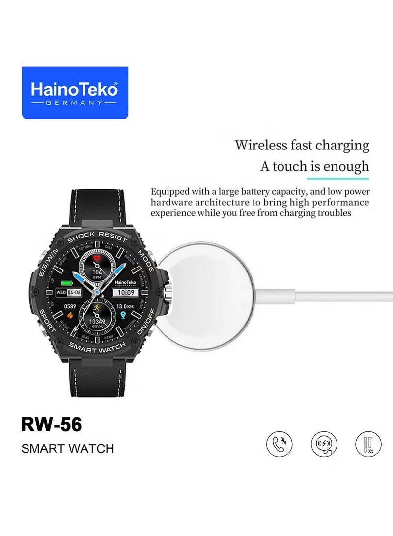 Germany RW56 Round Shape AMOLED Display Smart Watch With 3 Pair Straps And Wireless Charger Designed For Men And Boys Black