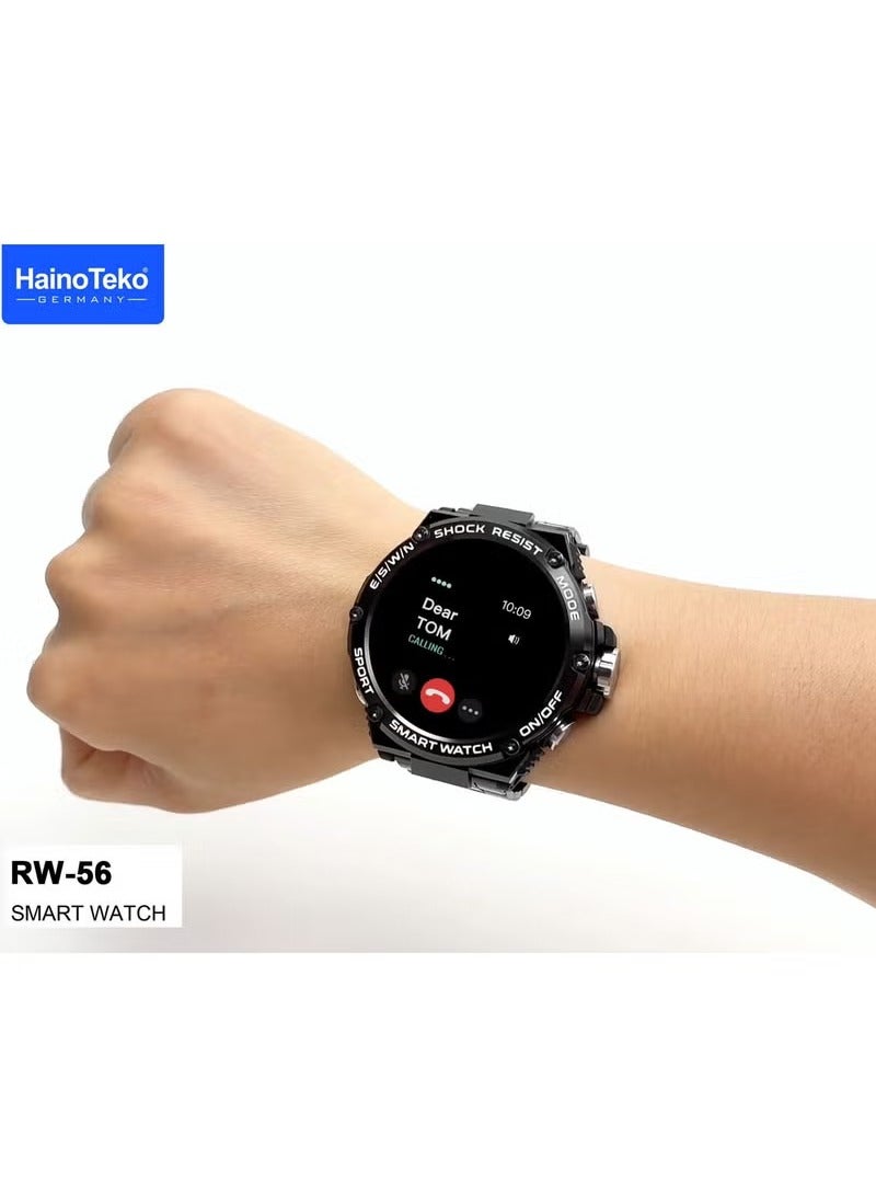 Germany RW56 Round Shape AMOLED Display Smart Watch With 3 Pair Straps And Wireless Charger Designed For Men And Boys Black