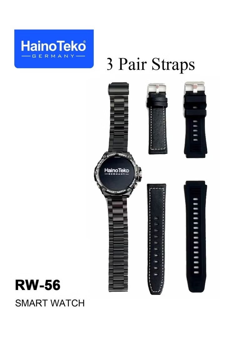 Germany RW56 Round Shape AMOLED Display Smart Watch With 3 Pair Straps And Wireless Charger Designed For Men And Boys Black