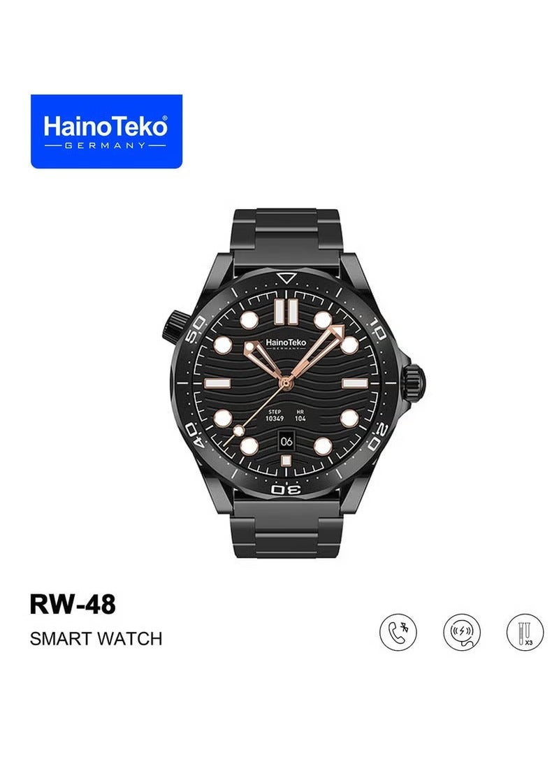 Haino Teko Germany RW48 Smart Watch With Round Shape AMOLED Display 3 Pair Strap and Wireless Charger For Men, Black