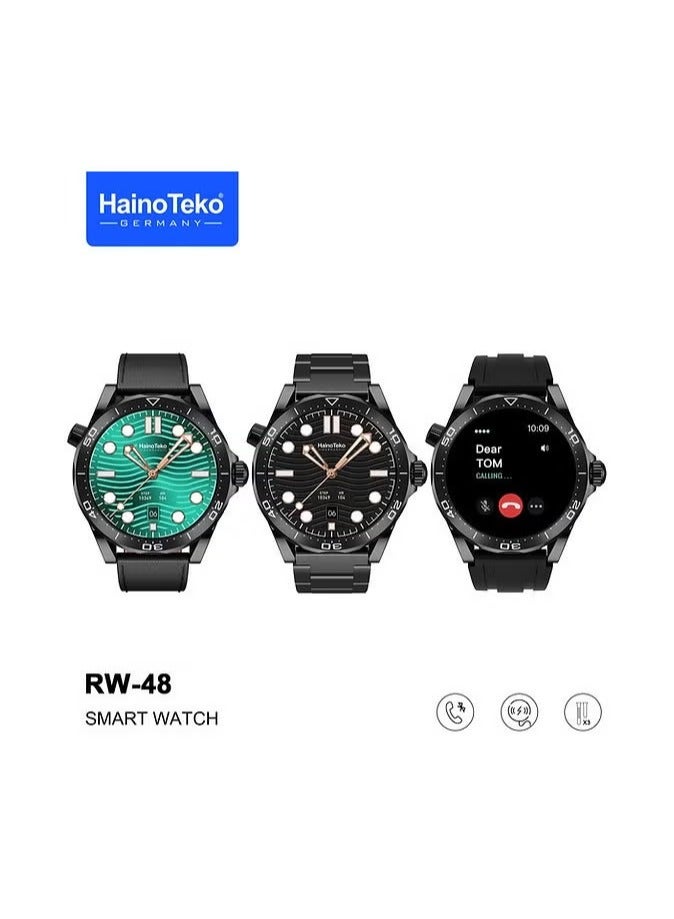 Haino Teko Germany RW48 Smart Watch With Round Shape AMOLED Display 3 Pair Strap and Wireless Charger For Men, Black