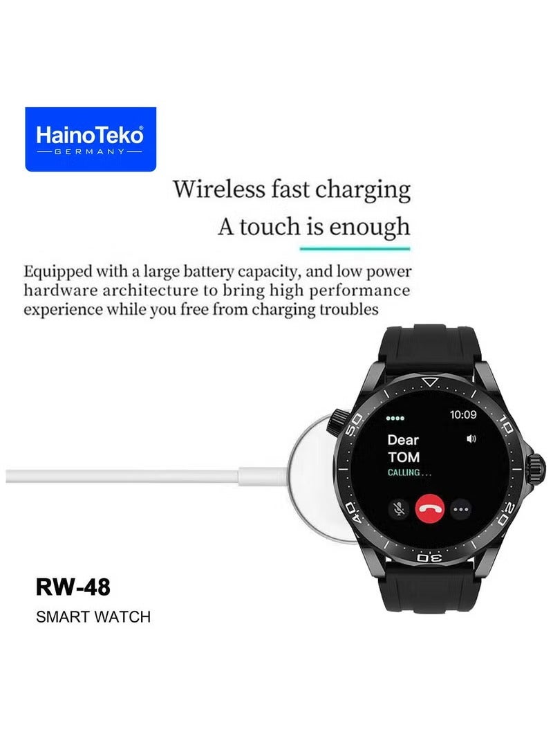 Haino Teko Germany RW48 Smart Watch With Round Shape AMOLED Display 3 Pair Strap and Wireless Charger For Men, Black